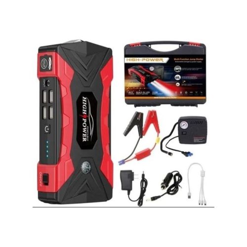 High Power Multi-Function CHigh Power JUMP STARTER KIT And POWER BANK With Inflator & Air Compressor For Cars, Laptop & Mobile Devices - 99800mAH 12V ULTRASAFE LITHIUM - Torch Light- MULTI FUNCTIONAar Jump Starter With Tyre Inflator 99800mAh